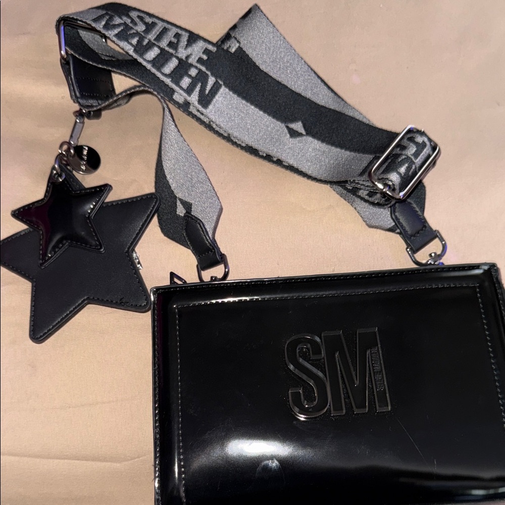 Steve Madden Black Patent Crossbody with Branded Strap & Star Charm